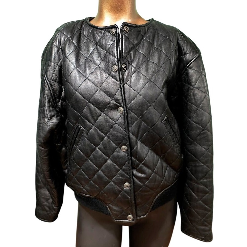 Vintage EXPRESS Black Quilted Genuine Leather Bomber‎ Jacket Women's Size S